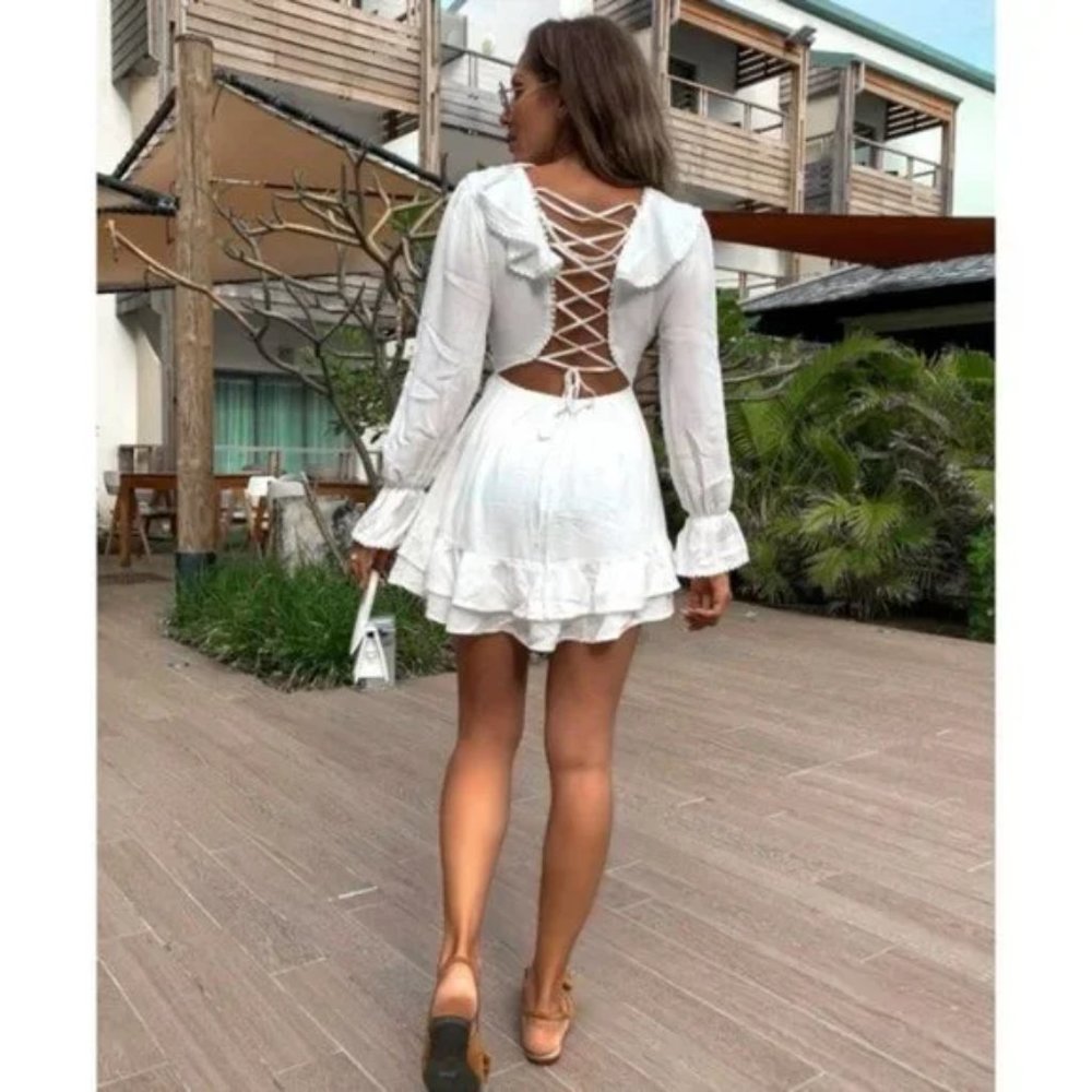 White Long Sleeve V-Neck Open Back Ruffle Hem Mini Dress - Picture 7 of 15